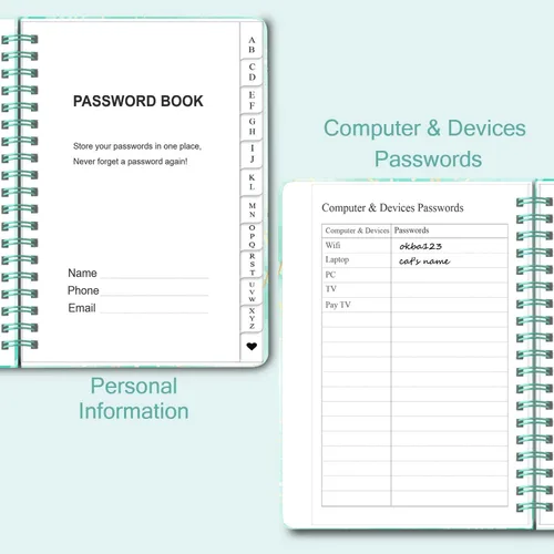 Vista 3 de Libro de contraseñas con pestañas alfabéticas - Cuaderno de contraseñas en espiral para Internet y computadora, registro de sitios web, nombres