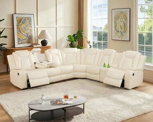 Vista 8 de Sofá seccional de cuero transpirable con sillón reclinable de doble potencia, sofá reclinable en forma de L de 6 plazas para sala de estar, sofá