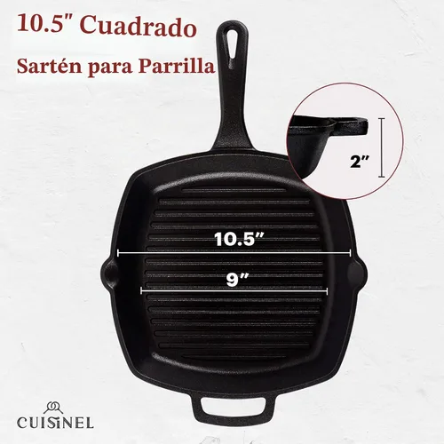 Vista 3 de Cuisinel - Sartén de hierro fundido cuadrada para parrilla + tapa de vidrio + raspador de sartén + cubierta de mango - Sartén con nervaduras