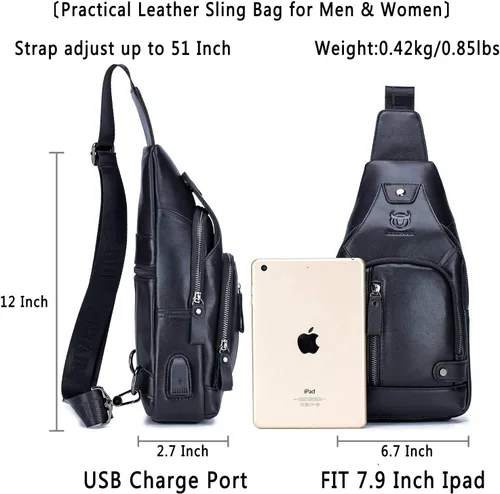 Vista 2 de BULLCAPTAIN Bolso bandolera de cuero para hombre, bolso cruzado de hombro casual, mochilas de viaje, senderismo, mochila con puerto de carga USB