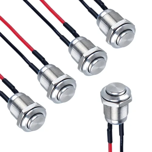 Vista 10 de 5 piezas 12 mm Interruptor de botón de cierre con cabeza elevada ON-Off normalmente abierto con cable presoldado, carcasa de aleación de aluminio