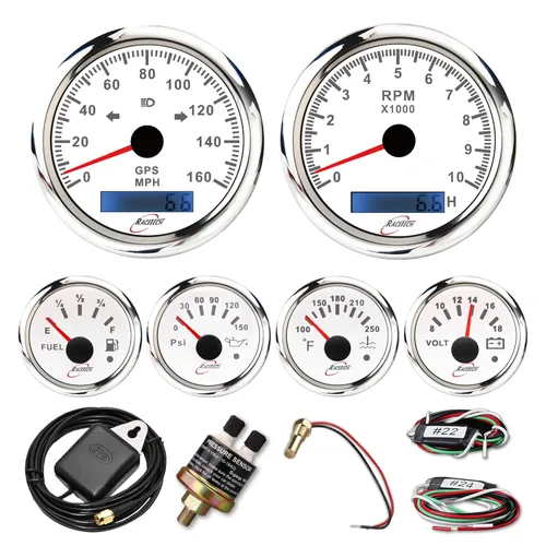 Vista 10 de RACETECH Juego de 6 instrumentos – Velocímetro GPS de 85mm (3-3/8") 120 MPH y Tacómetro 8000 RPM – 90° 52mm (2-1/16") Medidores de combustible, Negro