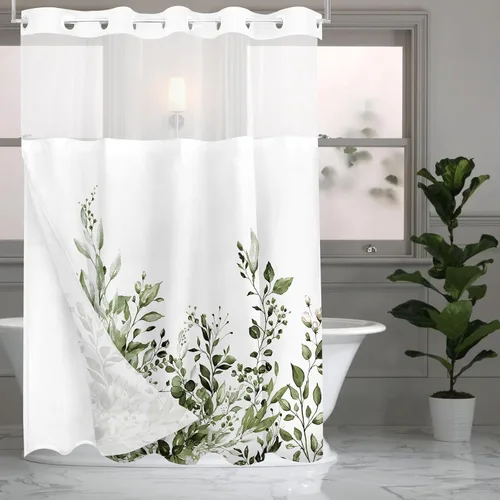 Vista 85 de Tititex - Juego de cortinas de ducha de eucalipto negro, hojas de acuarela gris en la parte superior, con decoración floral de baño, 60 x 72