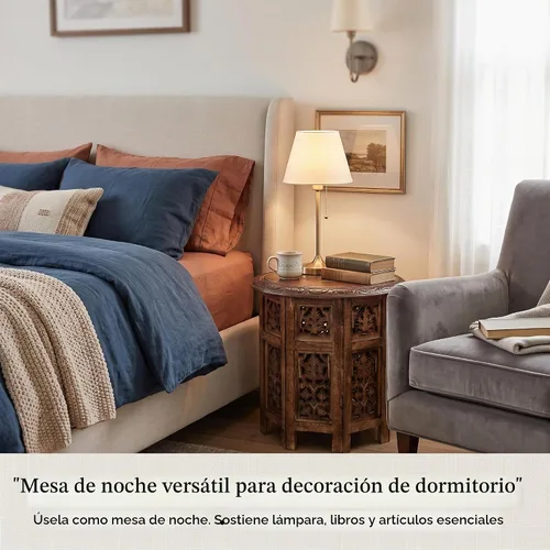 Vista 5 de Goroly Home - Mesa auxiliar octogonal plegable de madera de mango maciza, acento rústico de granja para sala de estar, dormitorio, entrada, espacios