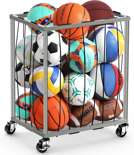 Vista 8 de TomCare Estante de almacenamiento rodante para pelotas de garaje, soporte de baloncesto de gran capacidad con cuerda elástica