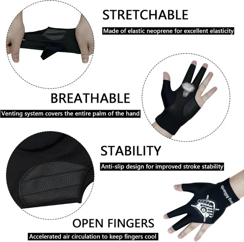 Vista 6 de LeFeng - Guantes de billar profesionales para billar, 3 dedos abiertos, para mano izquierda para hombres y mujeres