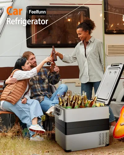 Vista 6 de Feelfunn Refrigerador portátil de 12 voltios para auto - 55 litros, enfriador eléctrico con AC/DC para camión, cámper, furgoneta, refrigerador