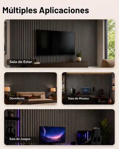 Vista 4 de Paneles de listones de madera acústica insonorizados, paquete de 4 Nogal oscuro