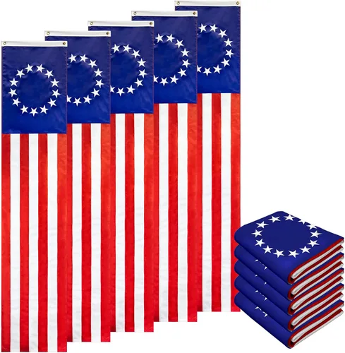 Vista 13 de G128 Paquete de 10: Banderines patrióticos estadounidenses y bandera desplegable de Betsy Ross, 13 estrellas bordadas en patrón circular con 5 rayas