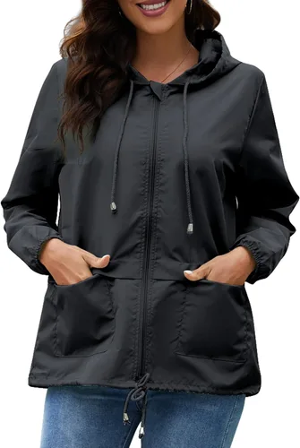 Vista 3 de Chubasqueros para mujer, rompevientos, impermeable, ligera, con capucha, para exteriores, tallas S-XXL