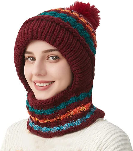 Vista 17 de Gorro de Invierno para Mujer de Una Pieza con Forro Polar Pasamontañas de Punto Conjunto con Bufanda Circular para Cuello Gorro de Esquí para Nieve