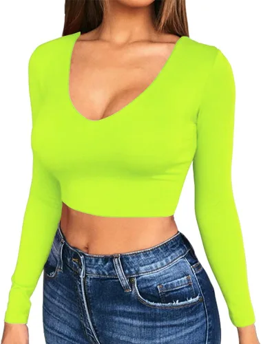 Vista 10 de Artfish Women's Long Sleeve Scoop V Neck Crop Top 04# Cuello en V Negro