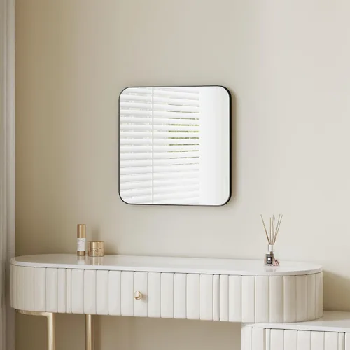 Vista 3 de Espejo cuadrado de vidrio templado negro de 18 x 18 pulgadas, espejo de baño para pared, marco de decoración de metal, espejo mate antioxidante