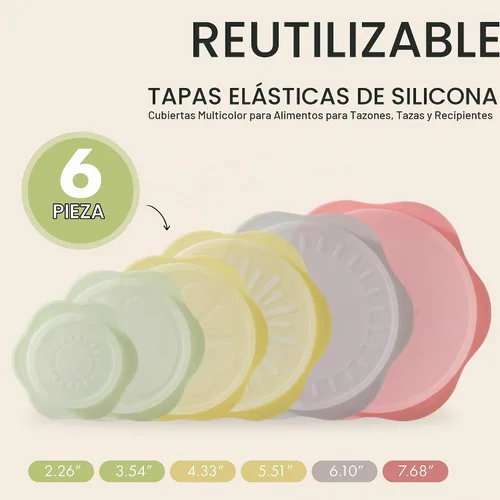 Vista 2 de Tapas elásticas de silicona reutilizables – 6 fundas multicolor para alimentos para cuencos, tazas y recipientes – herméticas, a prueba de fugas