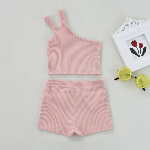Vista 3 de iddolaka Conjunto de dos piezas de algodón con un hombro y pantalones cortos de color sólido, ropa casual de verano