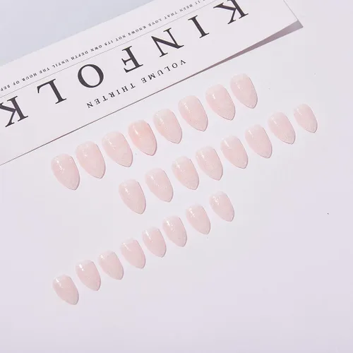 Vista 3 de Foccna Uñas postizas a presión medianas, uñas postizas de color rosa, uñas postizas cortas acrílicas de almendra, uñas artificiales para mujeres