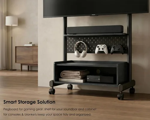 Vista 4 de FITUEYES Soporte de suelo de TV rodante para televisores de 40 a 85 pulgadas, soporte de TV móvil resistente con ruedas con cerradura, carrito de TV