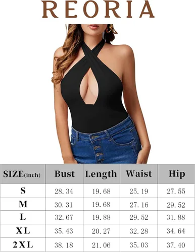 Vista 5 de REORIA Body sexy con cuello halter cruzado para mujer, sin mangas, tanga