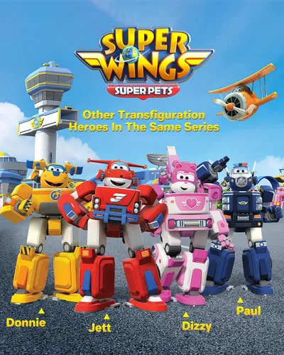 Vista 4 de Super Wings - Remolque de rescate de Dizzy's de 7 pies con mini figura rosa de Transform-a-Bot de 2 pies, juego de vehículos de juguete de avión