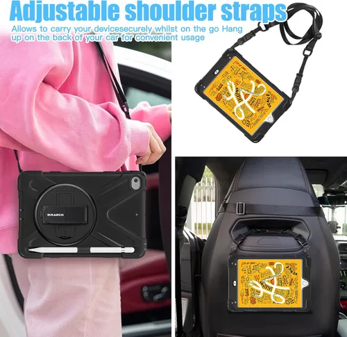 Vista 6 de BRAECNstock para Apple iPad mini 5/4 Funda 2019/2015 19,9 cm, Funda Protectora a Prueba de Golpes con Soporte para Lápices, Correa Giratoria