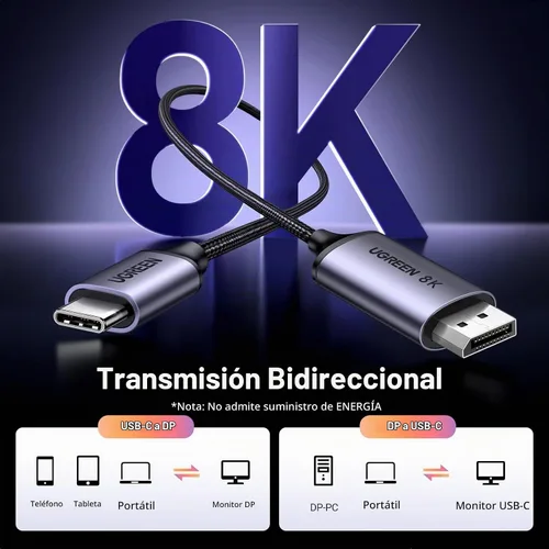 Vista 2 de UGREEN Bidirectional USB C to DisplayPort 1.4 Cable 8K@60Hz, 6.6FT 4K @240Hz, trenzado Alu, DisplayPort a USB C Thunderbolt 4 cable compatible