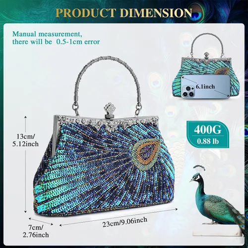 Vista 3 de UBORSE Bolsos de embrague de noche de pavo real con lentejuelas con cuentas Bolso de noche vintage Bolso de boda de fiesta de 1920