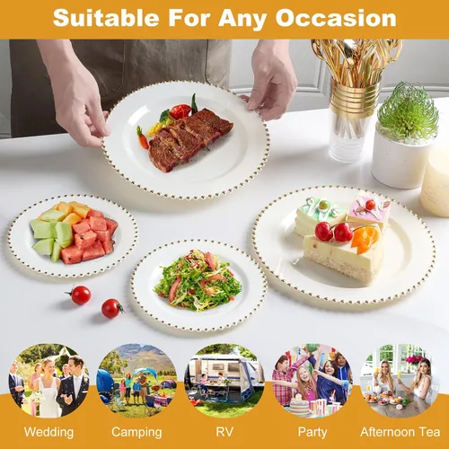 Vista 8 de ejonirinjonir EI 60 platos de plástico beige con borde dorado, platos desechables marfil, plato de plástico de lujo resistente, cena de 10 pulgadas
