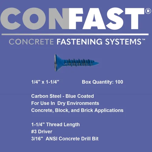 Vista 3 de CONFAST Tornillo de Anclaje para Concreto Phillips Plano Azul de 1/4" x 1-1/4" con Broca para Anclaje en Mampostería, Bloque o Ladrillo