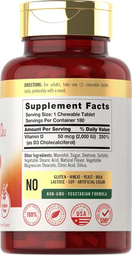 Vista 2 de Carlyle Tabletas masticables de vitamina D3 de 2000 UI (50 mcg) 180 unidades Sabor a bayas Vegetariano, sin OMG y sin gluten