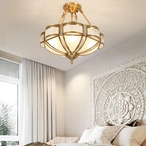 Vista 4 de Lámpara de techo de latón de 4 luces semiempotrada, candelabro dorado para comedor, lámpara de techo de vidrio esmerilado, luz empotrada moderna