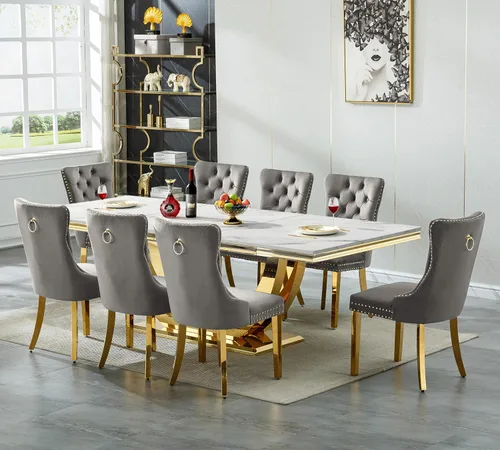 Vista 39 de SSLine Juego de mesa de comedor de mármol sintético blanco de 68 pulgadas