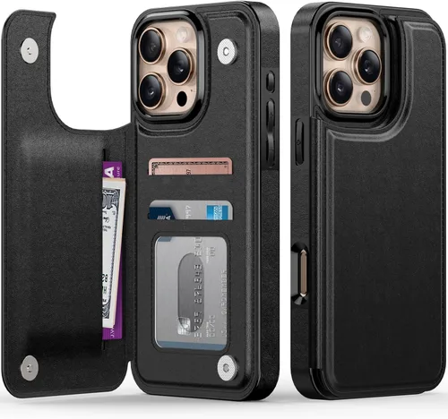 Vista 138 de FUNMIKO Funda tipo cartera para iPhone 15 con tarjetero + clip para efectivo, bloqueo RFID, protección contra caídas de grado militar y obras