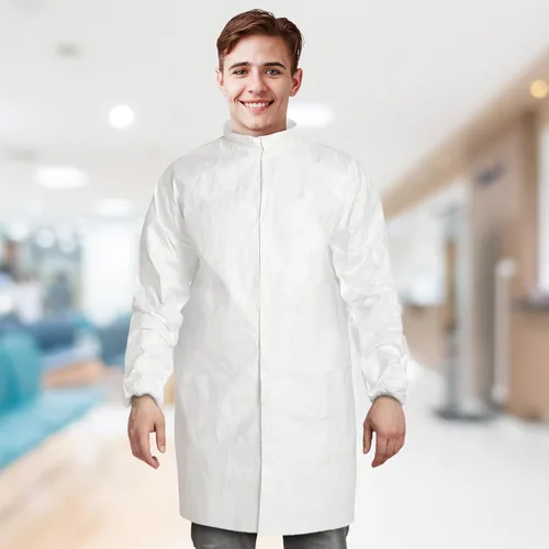 Vista 6 de AMZ Disposable Lab Coat, Medium. Pack of 10 White Disposable Lab Coats for Adults. 60 GSM Microporous Disposable Coats Medical PPE with Elastic