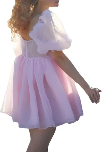 Vista 3 de Mini vestido de manga abombada para mujer, cuello cuadrado, manga de burbujas, tul babydoll de tul corto para fiesta de graduación