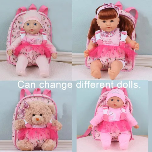 Vista 5 de Muñeca de bebé suave de 13 pulgadas con mochila de muñeca rosa para llevar, juego de 6 piezas con botella y accesorios (rosa)