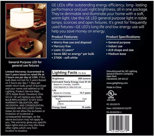 Vista 2 de GE Bombillas LED A19 de uso general equivalente a 60 W (12 unidades)