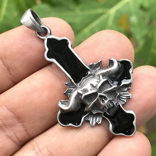 Vista 7 de Invertido al revés gótico Cruz Negra Baphomet Lucifer Cara del Diablo Cráneo Demonio Satánico Metal Pesado Punk Rock Biker Joyería Pewter Collar