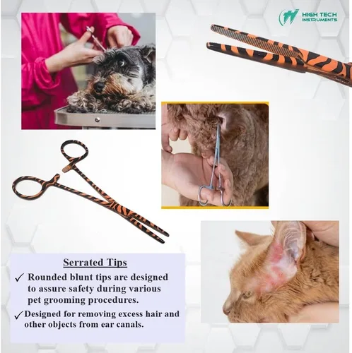 Vista 4 de Pinzas de hemostato para perros y gatos de 5.5 pulgadas con puntas dentadas STR para cuidado de los oídos, abrazaderas de bloqueo de trinquete
