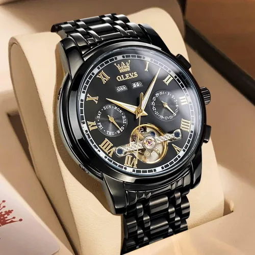 Vista 2 de OLEVS Relojes automáticos para hombre, reloj mecánico automático de vestir Tourbillon de acero inoxidable con doble calendario, impermeable
