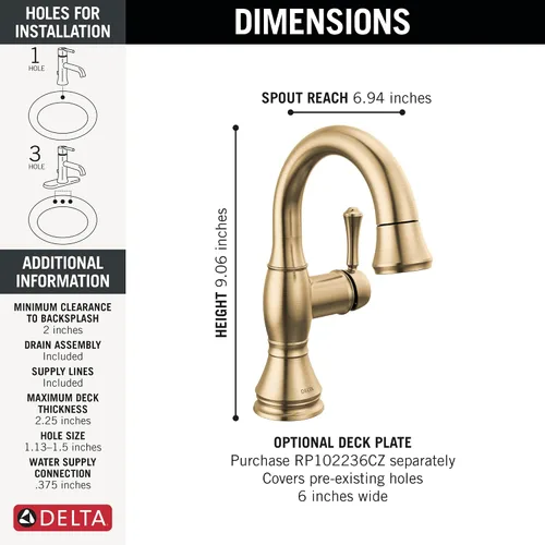 Vista 3 de Delta Faucet Cassidy Grifo de Baño Extraíble, Grifo de Baño Extraíble, Grifo de Baño Dorado de Un Solo Orificio con Extraíble, Grifo de Lavabo