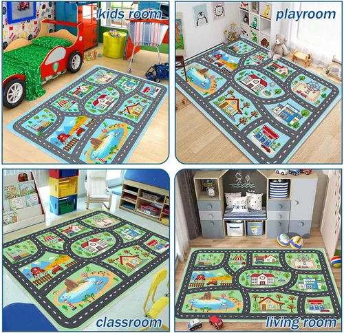 Vista 4 de Alfombra para niños, alfombra de coche para niños, tapete de juego, alfombra para coches de juguete para sala de juegos, aula, habitación de niños