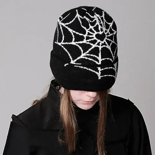 Vista 5 de Gorro de punto para hombres y mujeres, unisex, para adultos, cálidos, de invierno, Y2K, con patrón de araña gótica, sombreros de punto