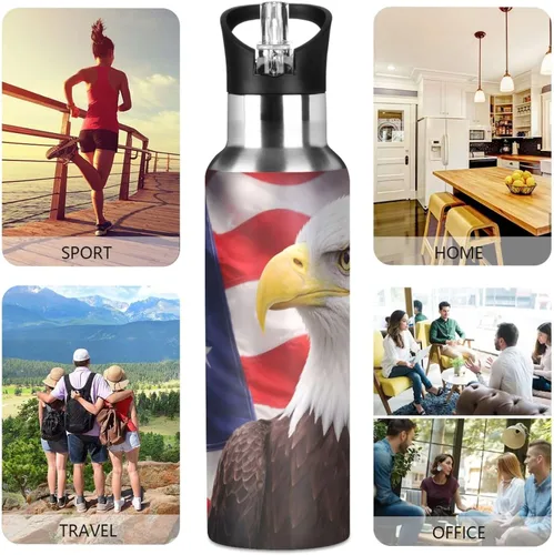 Vista 5 de Bald Eagle - Botella de agua con la bandera estadounidense para niños, termo con tapa con pajilla, termo de acero inoxidable aislado a prueba