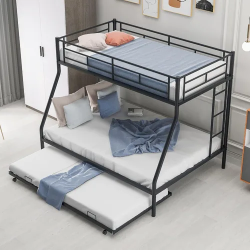 Vista 9 de Litera de metal individual sobre cama matrimonial con nido, marco de cama de metal resistente de acero resistente con escaleras de dos lados