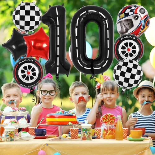 Vista 4 de Globos de cumpleaños de auto de carreras, globo número 0 de carrera, globo de aluminio grande de 40 pulgadas, globo negro 0 para decoración