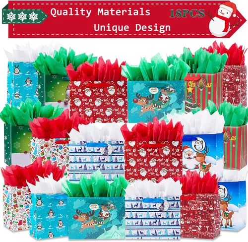 Vista 7 de JWSCYSY 18 Pack Bolsas de regalo de papel de Navidad con papeles de seda a granel, bolsas de regalo de Navidad medianas con diseños surtidos