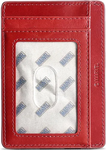 Vista 2 de NARYM Cartera de cuero genuino con personaje del Capitán América, delgada y minimalista de cuero frontal con bloqueo RFID para hombres y mujeres