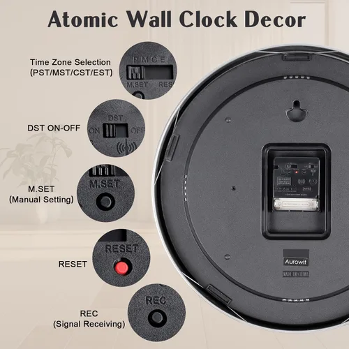 Vista 4 de Reloj de pared analógico atómico de 14 pulgadas, funciona con pilas, relojes de pared controlados por radio, juego automático de reloj de pared