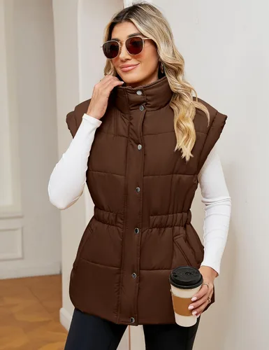 Vista 2 de Rapbin Chaleco acolchado para mujer, con cremallera, cuello alto, sin mangas, acolchado, con bolsillos, tallas S-XXL