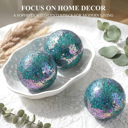 Vista 3 de DomeStar Juego de 3 bolas decorativas de 4 pulgadas de turquesa para cuencos, bolas de vidrio para centros de mesa, esfera de mosaico para Multicolor